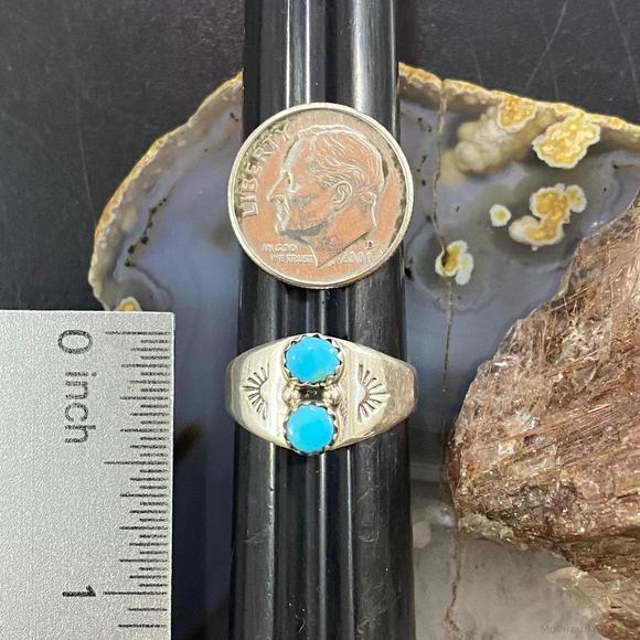 Native American Sterling Double Turquoise Decorated Ring Sz 5/ 6.5 /7.5 / 8 - Picture 9 of 10